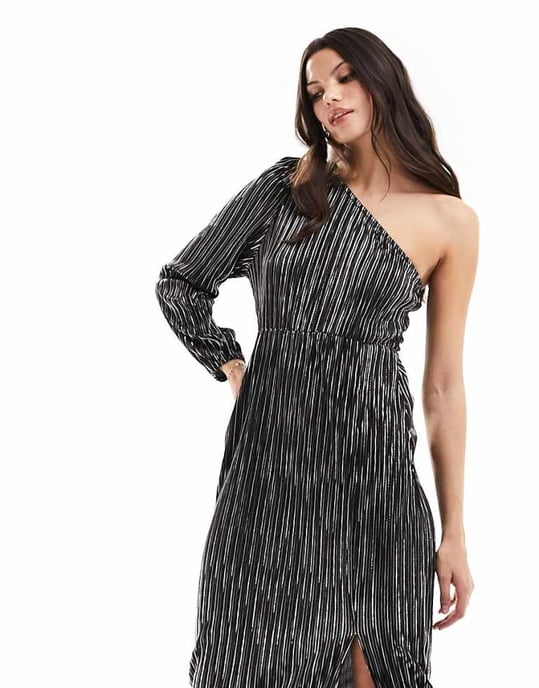 Y.A.S plisse one shoulder midi dress in black - Image 4