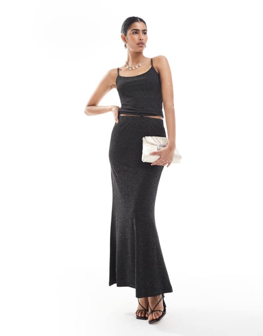Vero Moda mix & match maxi skirt co-ord in black glitter - Image 1