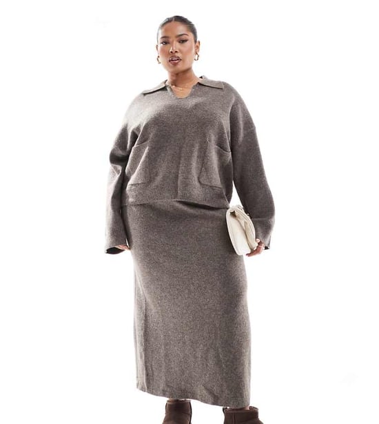 Pieces Curve knitted maxi skirt co-ord in deep taupe - Image 1