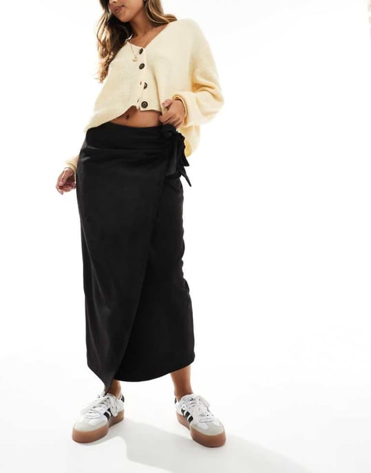 ASOS DESIGN wrap tie detail faux suede maxi skirt in black - Image 1