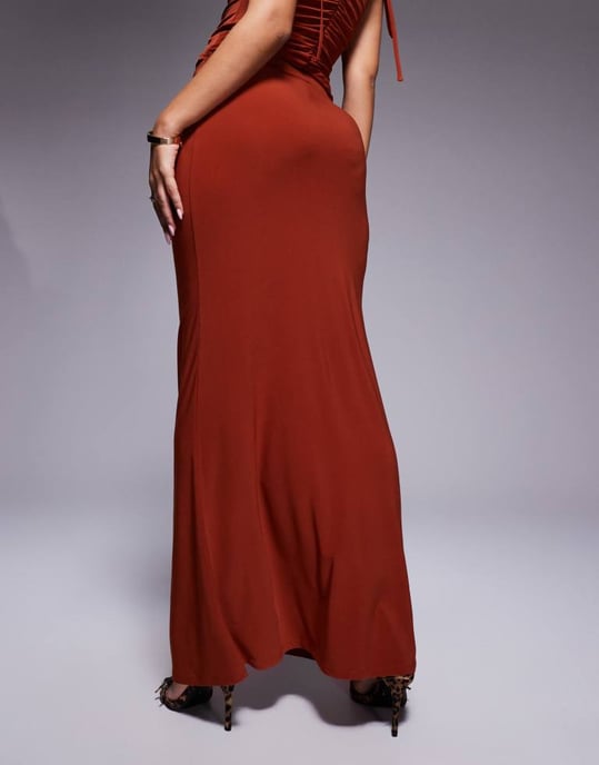 ASOS DESIGN co-ord slinky ruched front maxi skirt with front split in rust - Image 3
