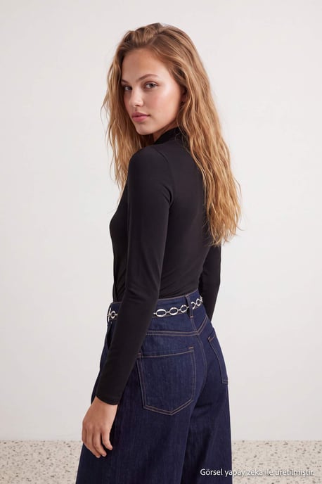 TRENDYOLMİLLA Dames Zwart Effen Lang, Getailleerd Bodys - Image 3