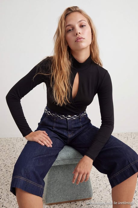 TRENDYOLMİLLA Dames Zwart Effen Lang, Getailleerd Bodys - Image 6