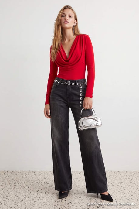 TRENDYOLMİLLA Dames Rood Effen Lang, Getailleerd Bodys - Image 6