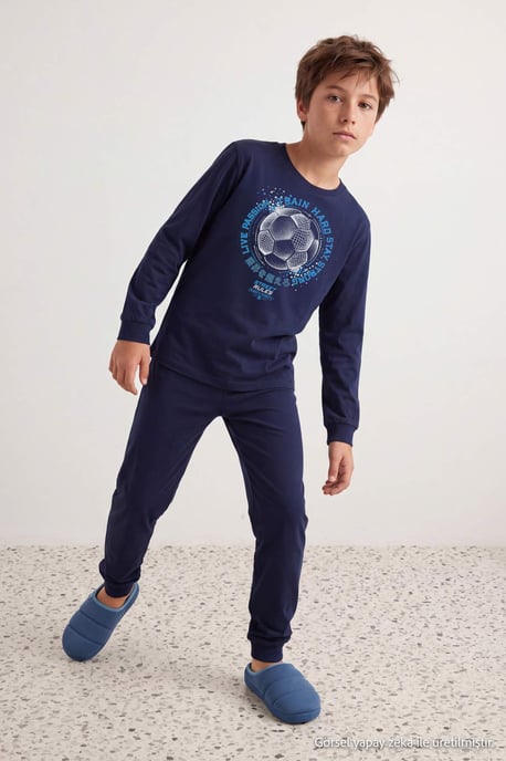 TRENDYOLKIDS Boys Dark blue Graphic Long Regular fit Pajama Sets - Image 1