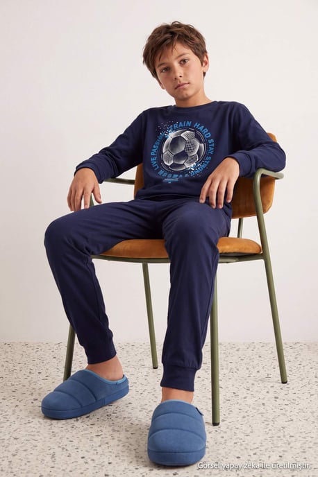 TRENDYOLKIDS Boys Dark blue Graphic Long Regular fit Pajama Sets - Image 2