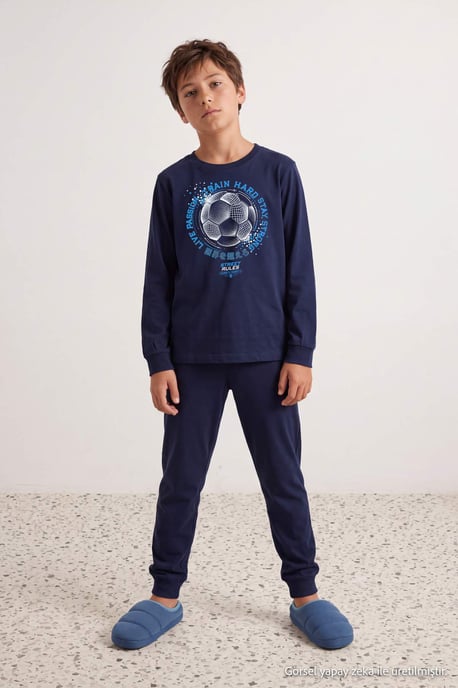 TRENDYOLKIDS Boys Dark blue Graphic Long Regular fit Pajama Sets - Image 3