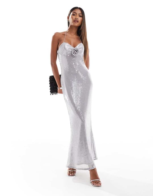 ASOS DESIGN sheer sequin corsage bust detail midi dress in silver - Image 1