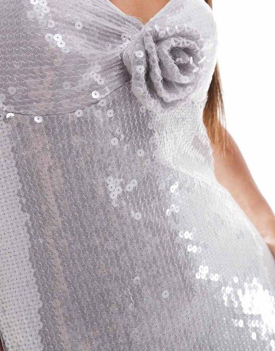 ASOS DESIGN sheer sequin corsage bust detail midi dress in silver - Image 3