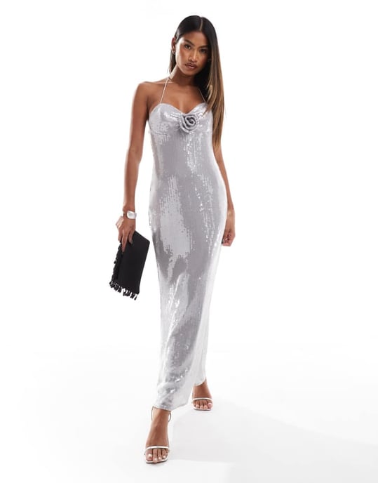 ASOS DESIGN sheer sequin corsage bust detail midi dress in silver - Image 4