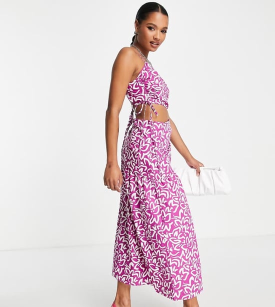 Topshop Petite ruch waist out about poplin midi dress in bold lilac floral - Image 1