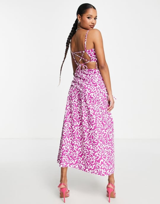 Topshop Petite ruch waist out about poplin midi dress in bold lilac floral - Image 2