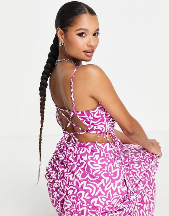 Topshop Petite ruch waist out about poplin midi dress in bold lilac floral - Image 3
