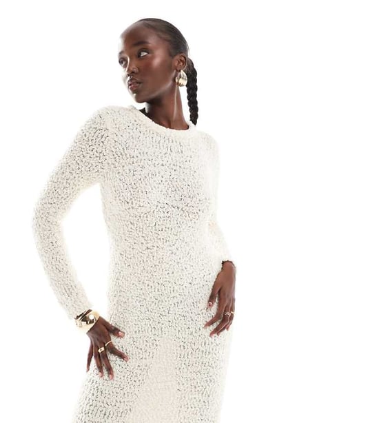 ONLY Tall textured midi knitted dress in beige - Image 1