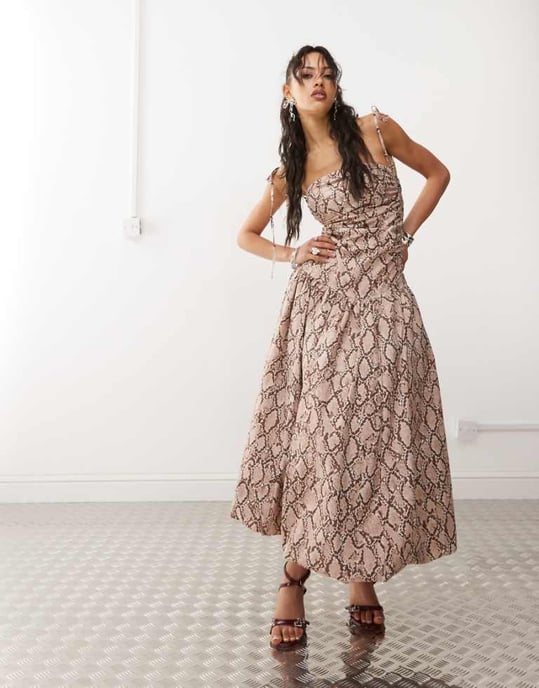 Amy Lynn Alexa puffball printed midi dress in snake - Image 1