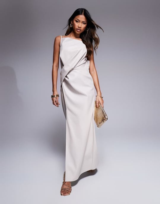 ASOS DESIGN square neck pleat waist PU midi dress in stone - Image 1