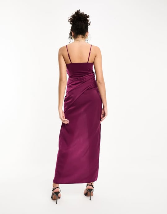 ASOS DESIGN Tall satin cami midi dress with drape skirt in plum - Image 3