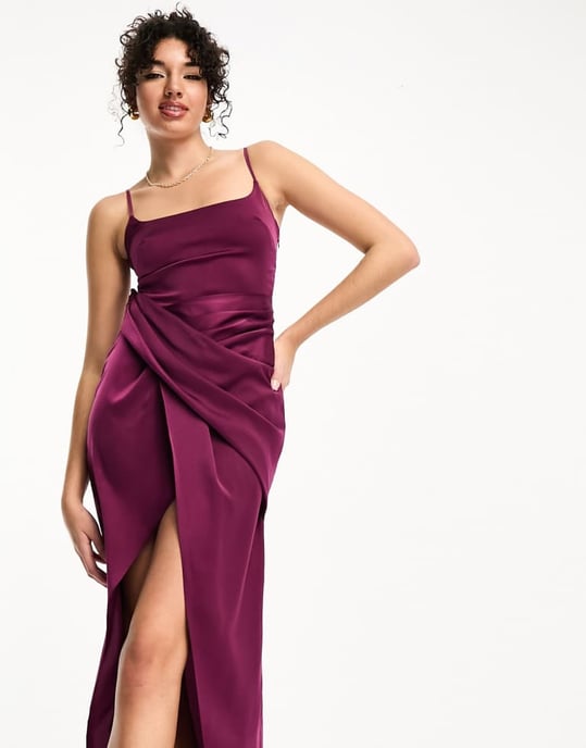 ASOS DESIGN Tall satin cami midi dress with drape skirt in plum - Image 4
