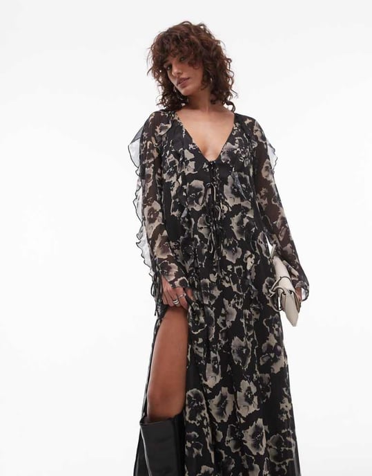 Topshop long sleeve ruffle midi dress in mono floral - Image 1