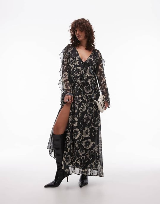 Topshop long sleeve ruffle midi dress in mono floral - Image 2