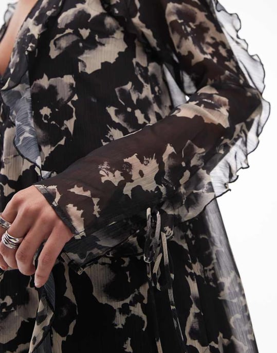 Topshop long sleeve ruffle midi dress in mono floral - Image 3