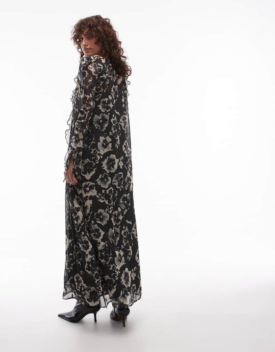 Topshop long sleeve ruffle midi dress in mono floral - Image 4