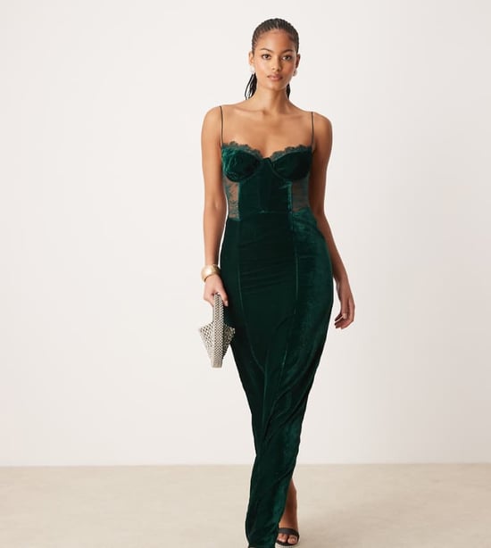 ASOS DESIGN Tall velvet corset midi dress with lace insert in deep teal - Image 1