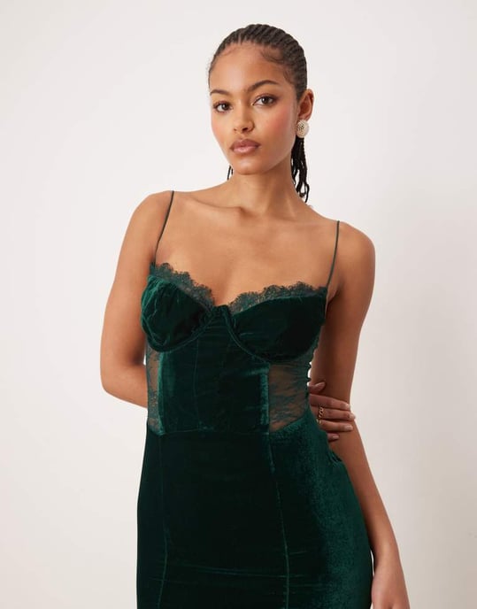 ASOS DESIGN Tall velvet corset midi dress with lace insert in deep teal - Image 4