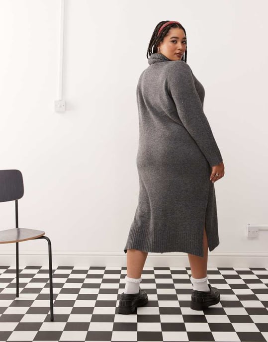 Noisy May Curve high neck knitted midi jumper dress in grey - Image 3