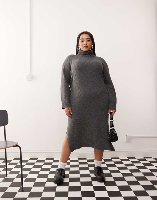 Noisy May Curve high neck knitted midi jumper dress in grey - Image 4