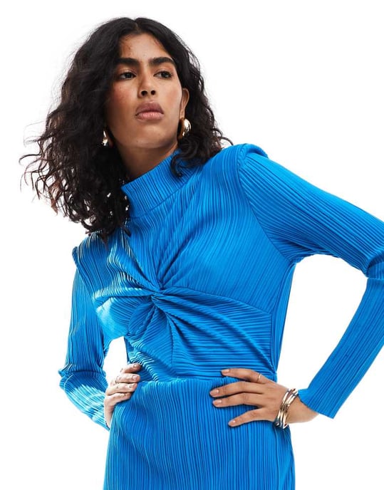 YAS high neck plisse midi dress in blue - Image 2