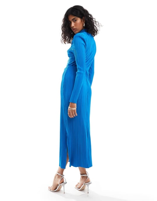 YAS high neck plisse midi dress in blue - Image 3