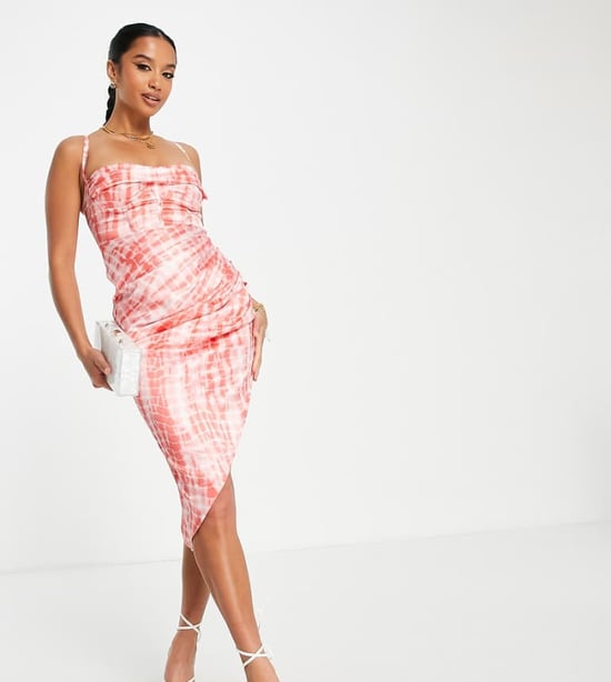 ASOS DESIGN Petite satin cowl bust wired corset ruched midi dress in pink tie dye - Image 1