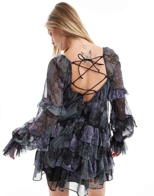 ASOS DESIGN ruffle corset detail tiered mini dress in dusky purple floral print - Image 4
