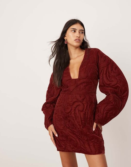 ASOS EDITION velvet embroidered quilted plunge mini dress with sleeve detail in burgundy - Image 1