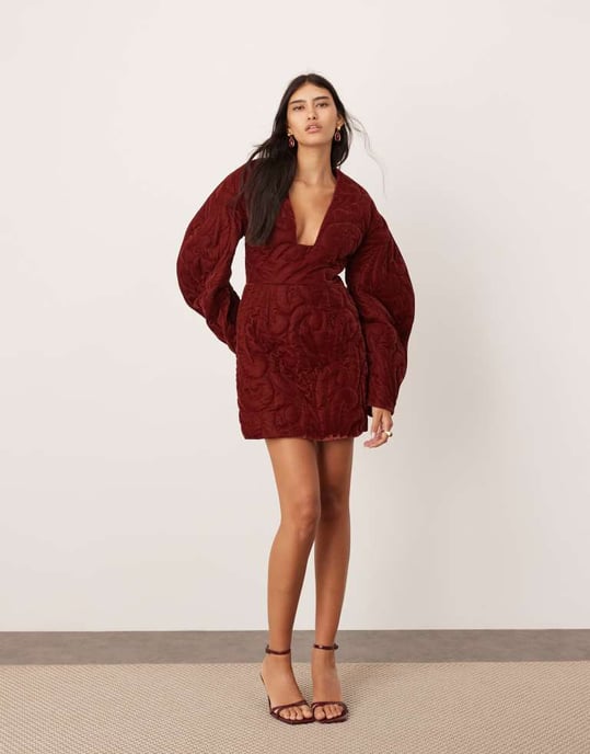 ASOS EDITION velvet embroidered quilted plunge mini dress with sleeve detail in burgundy - Image 2