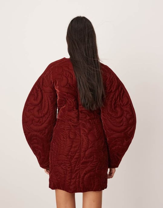 ASOS EDITION velvet embroidered quilted plunge mini dress with sleeve detail in burgundy - Image 3