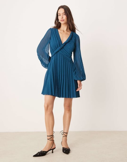 ASOS DESIGN twist detail wrap front pleated mini dress in petrol blue - Image 1