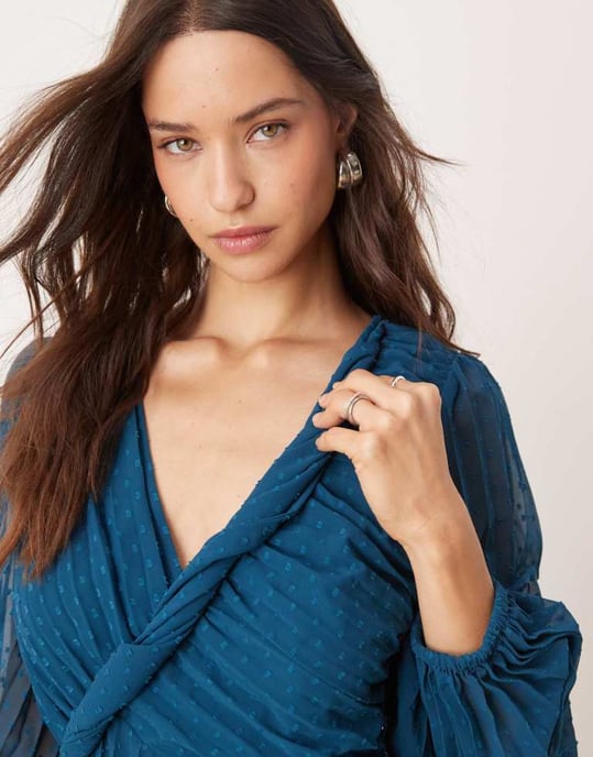 ASOS DESIGN twist detail wrap front pleated mini dress in petrol blue - Image 2