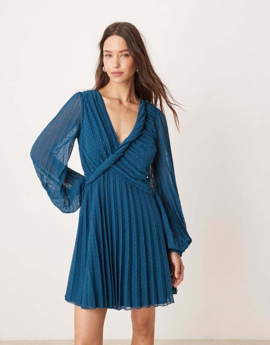 ASOS DESIGN twist detail wrap front pleated mini dress in petrol blue - Image 3