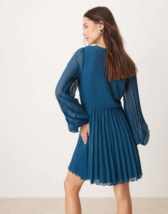 ASOS DESIGN twist detail wrap front pleated mini dress in petrol blue - Image 4