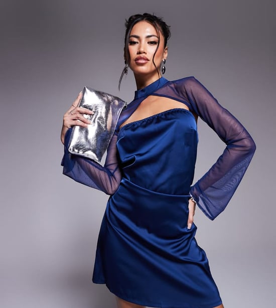 In The Style x Perrie Sian exclusive high neck flared sheer sleeve cutout satin mini dress in navy - Image 1