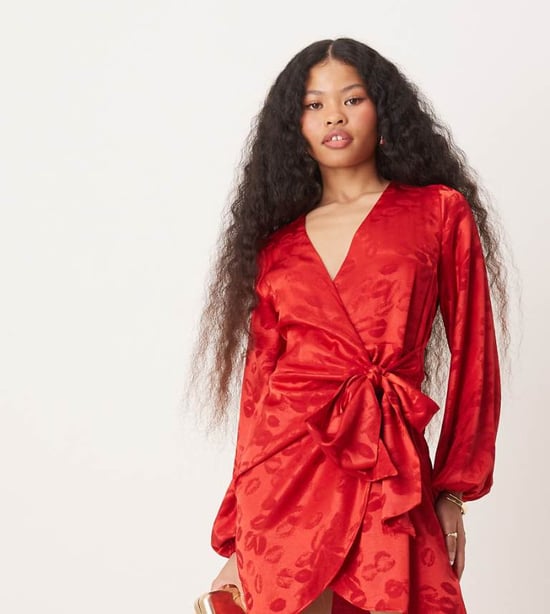 Never Fully Dressed Petite lip embossed satin wrap mini dress in red - Image 1