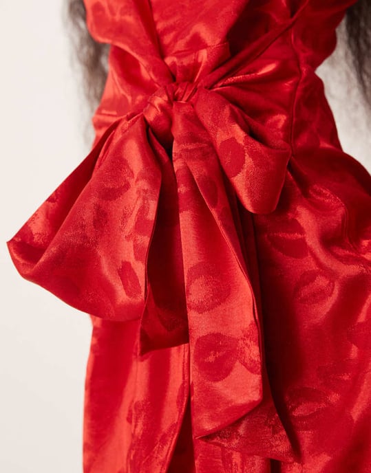 Never Fully Dressed Petite lip embossed satin wrap mini dress in red - Image 2