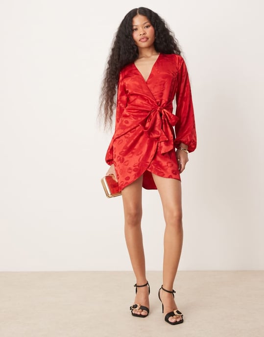Never Fully Dressed Petite lip embossed satin wrap mini dress in red - Image 3