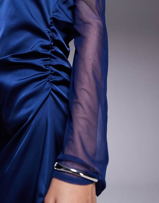 In The Style x Perrie Sian exclusive high neck flared sheer sleeve cutout satin mini dress in navy - Image 4