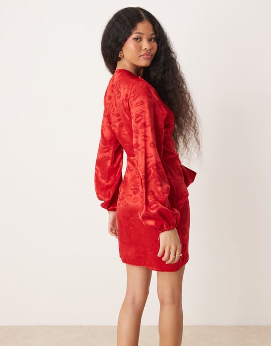 Never Fully Dressed Petite lip embossed satin wrap mini dress in red - Image 4