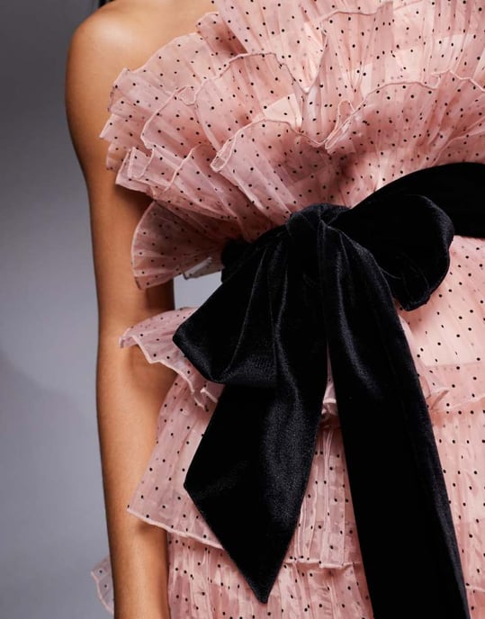 ASOS LUXE pleated organza bandeau mini dress with velvet belt in polka dot - Image 4