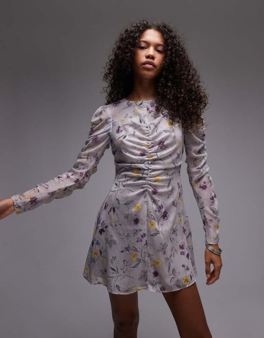 Topshop ruched front mini dress in grey vintage floral - Image 1