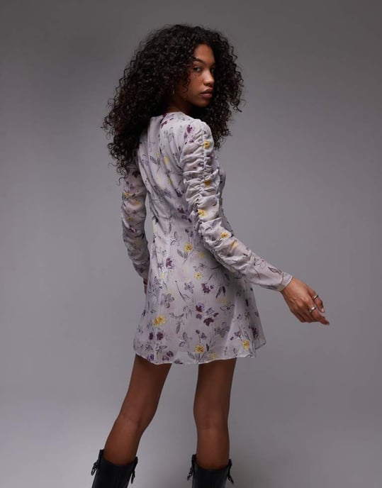 Topshop ruched front mini dress in grey vintage floral - Image 2